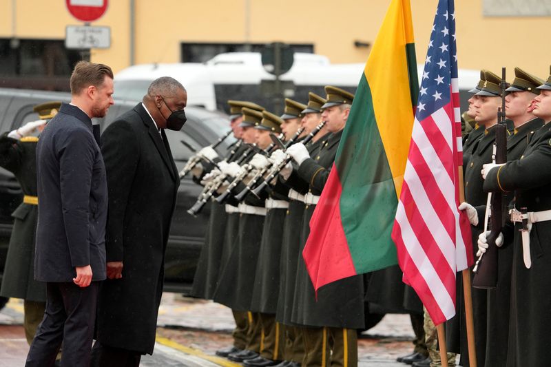 U.S. Defence Secretary Lloyd Austin attends a welcome ceremony in