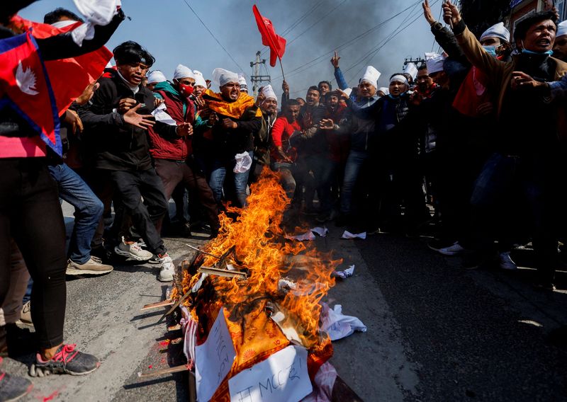 Demonstrators protest against the U.S-funded infrastructure projects in Kathmandu