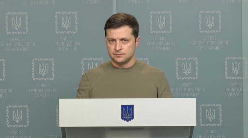 Ukrainian President Volodymyr Zelenskiy speaks at a news briefing in