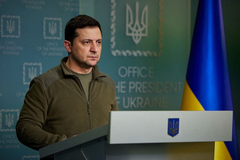 Ukrainian President Volodymyr Zelenskiy makes a statement in Kyiv