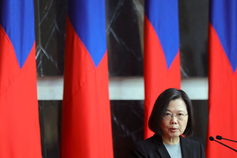 FILE PHOTO: Taiwan President Tsai Ing-wen speaks at a rank