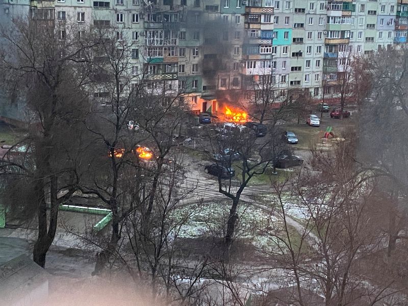 FILE PHOTO: Fire is seen in Mariupol