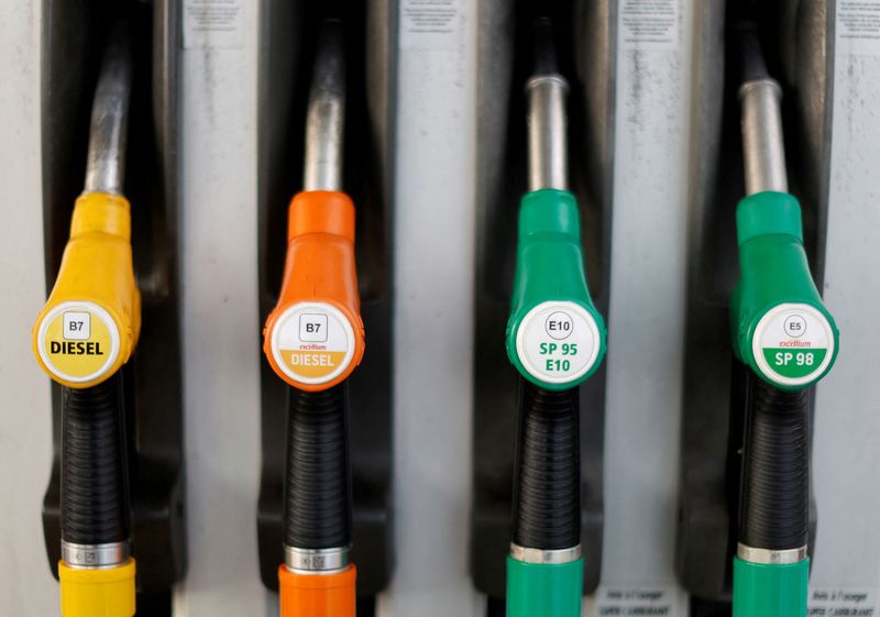 FILE PHOTO: Fuel nozzles at a petrol station in Nice