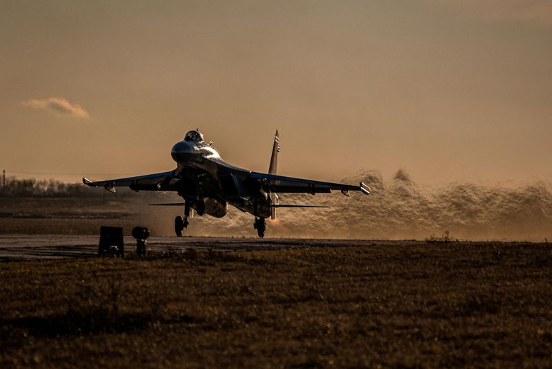 FILE PHOTO: A Ukrainian fighter jet takes off during a