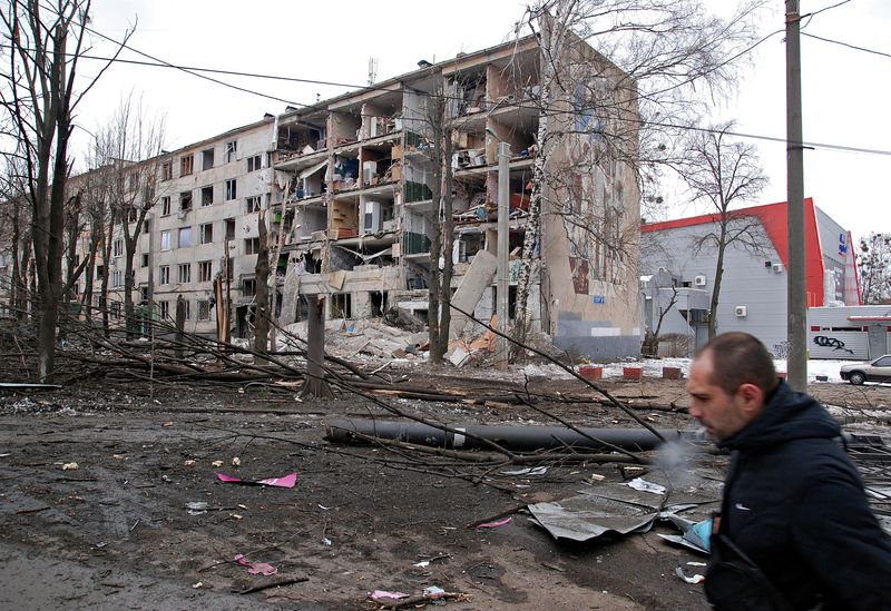 A view shows a residential building damaged by recent shelling