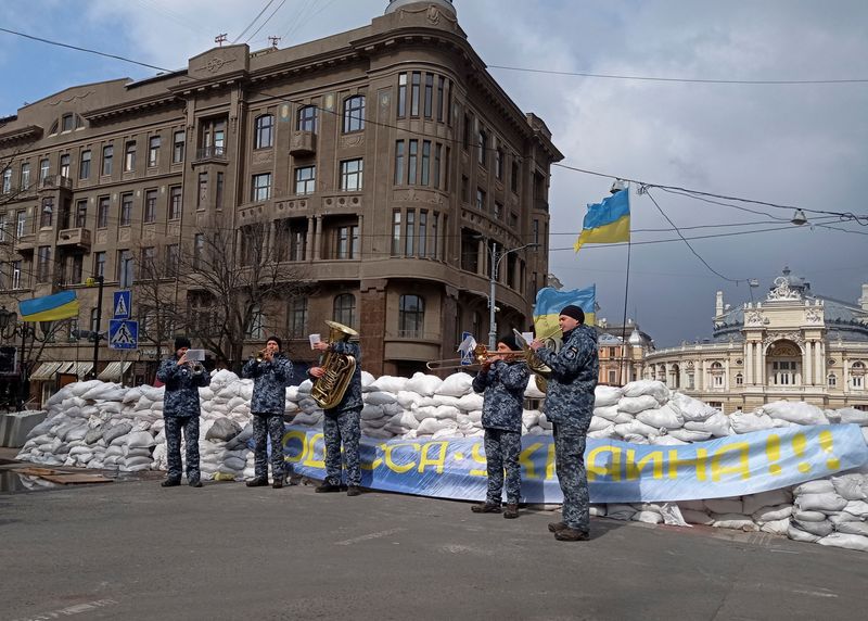 A barricade made of sandbags is seen in central Odessa