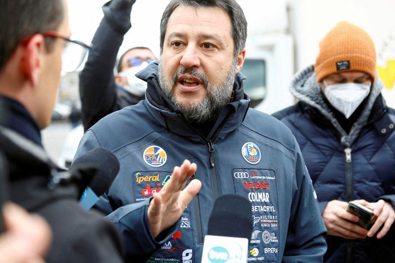 Italy’s League Party leader Salvini talks to media, in Przemysl