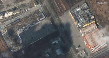 FILE PHOTO: A satellite image shows destroyed grocery stores and