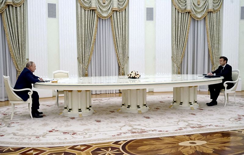 FILE PHOTO: Russian President Vladimir Putin meets French President Emmanuel