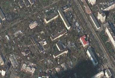 A satellite image shows children’s hospital and medical buildings before