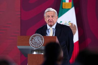 Mexico’s President Andres Manuel Lopez Obrador speaks to members of