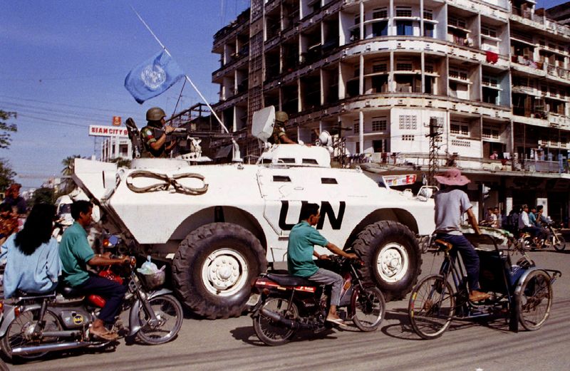 FILE PHOTO: UN peacekeepers patrol the streets of Phnom Penh