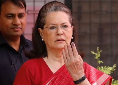 Sonia Gandhi, leader of India’s main opposition Congress party, shows