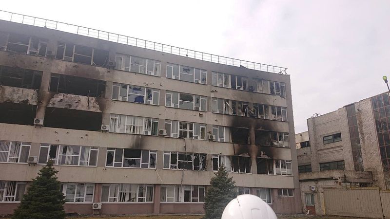 A view of a damaged building at the Zaporizhzhia Nuclear