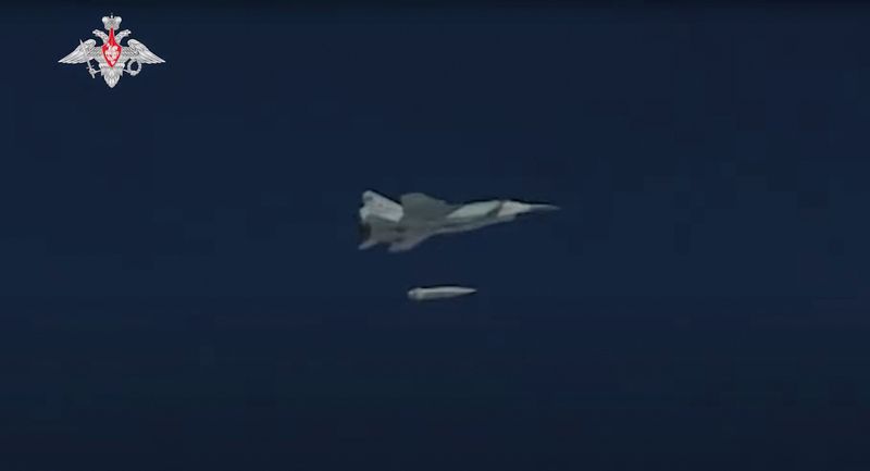 A Russian Air Force MiG-31 fighter jet releases Kinzhal hypersonic