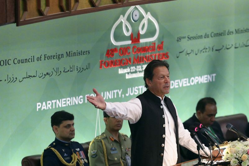 Pakistan’s Prime Minister Imran Khan gives the keynote speech at