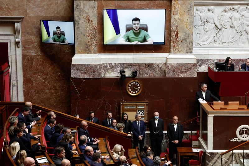 Ukraine’s President Zelenskiy addresses French lawmakers via video link, in