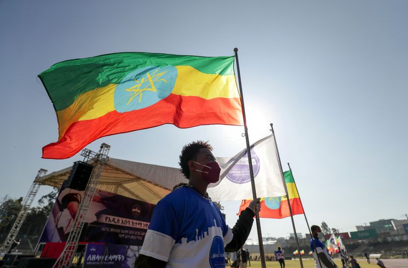 FILE PHOTO: A volunteer holds an Ethiopian flag during a