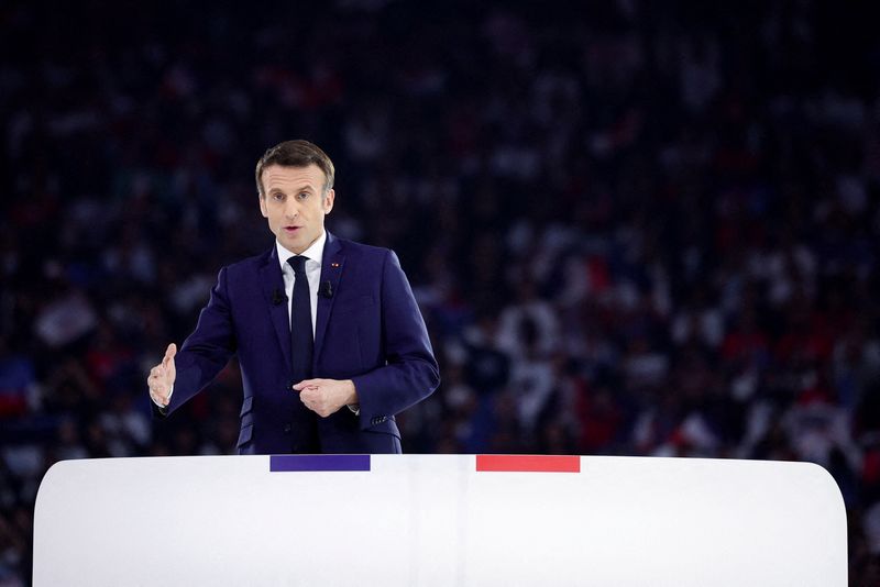 FILE PHOTO: French President Macron holds election rally, in Nanterre
