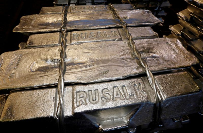 FILE PHOTO: Aluminium ingots stored at Rusal’s Krasnoyarsk aluminium smelter