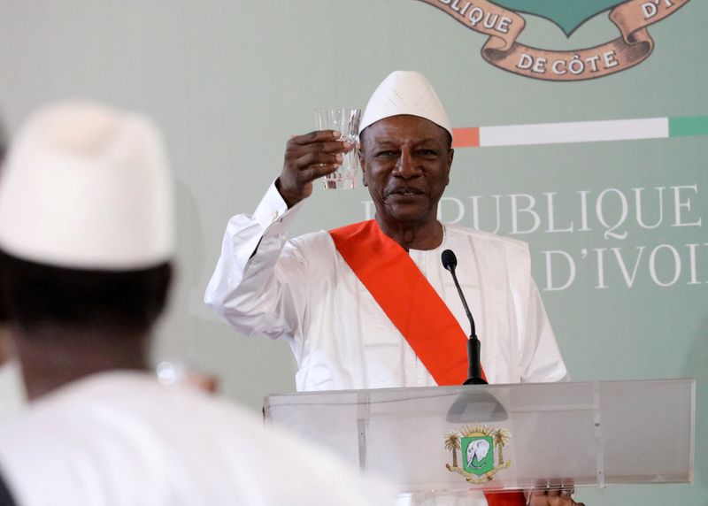 Guinea’s president Alpha Conde gives a speech at the Presidential