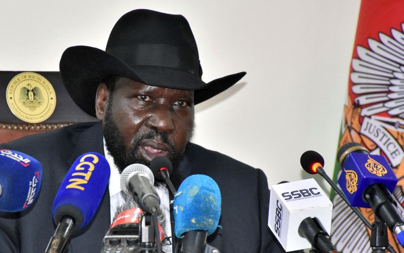 South Sudan’s President Salva Kiir addresses a news conference at