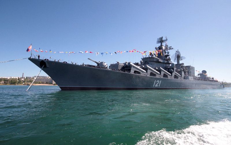 FILE PHOTO: Russian missile cruiser Moskva is moored in the