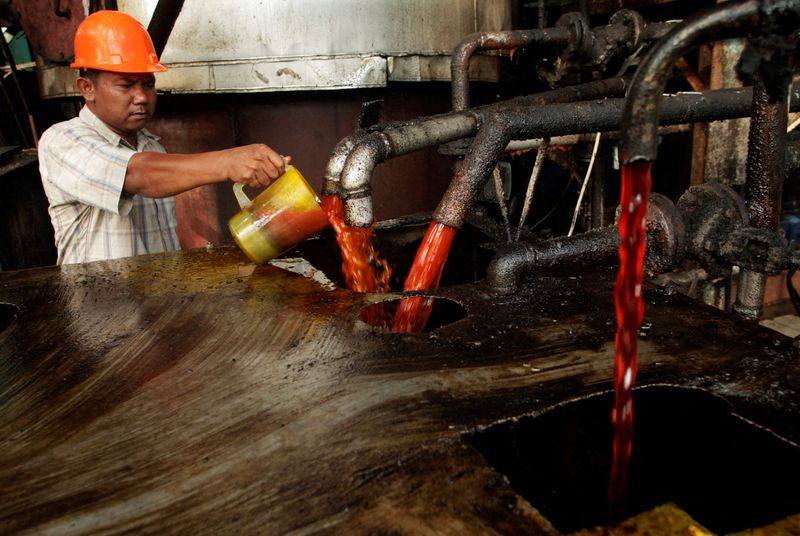 FILE PHOTO: A worker checks the quality of crude palm
