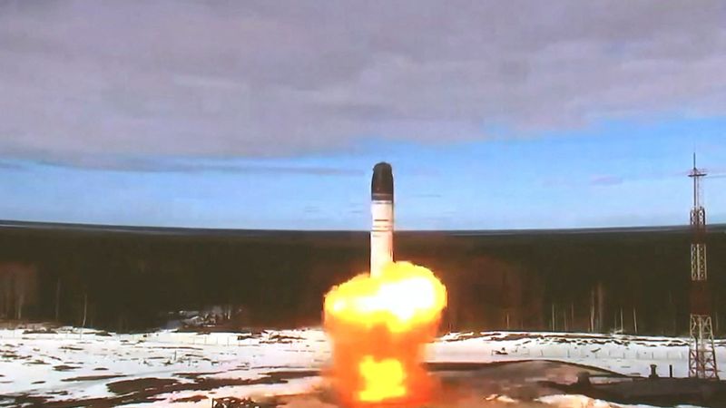 The Sarmat intercontinental ballistic missile is launched during a test
