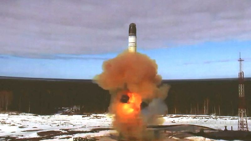 The Sarmat intercontinental ballistic missile is launched during a test