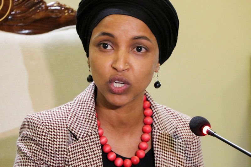 U.S. Representative Ilhan Omar speaks to the media during her