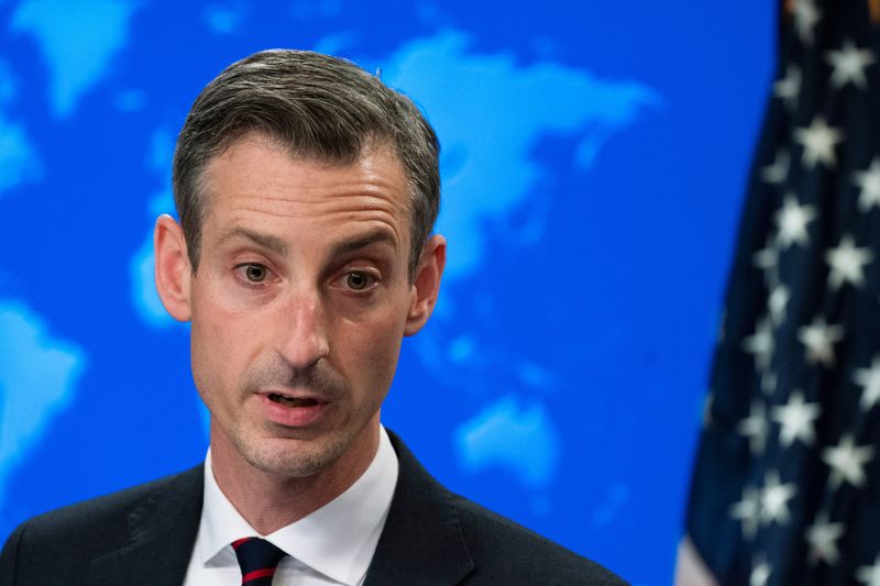 U.S. State Department spokesperson Ned Price speaks during a news