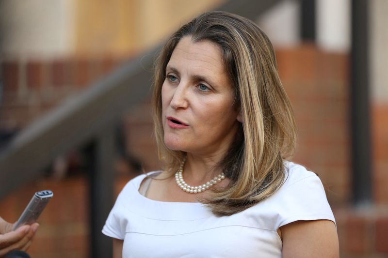 FILE PHOTO: Candian Foreign Minister Chrystia Freeland speaks to journalists
