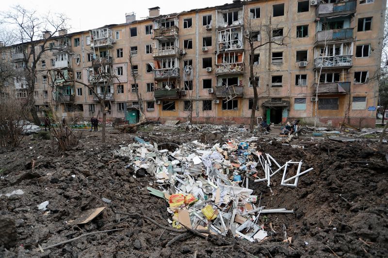 A view shows a damaged block of flats in Mariupol