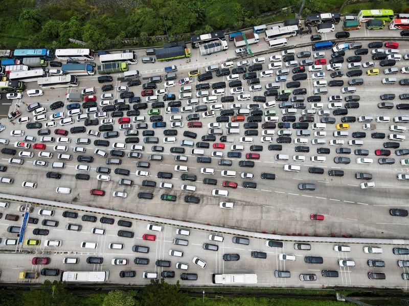 A general view of a traffic jam at a toll