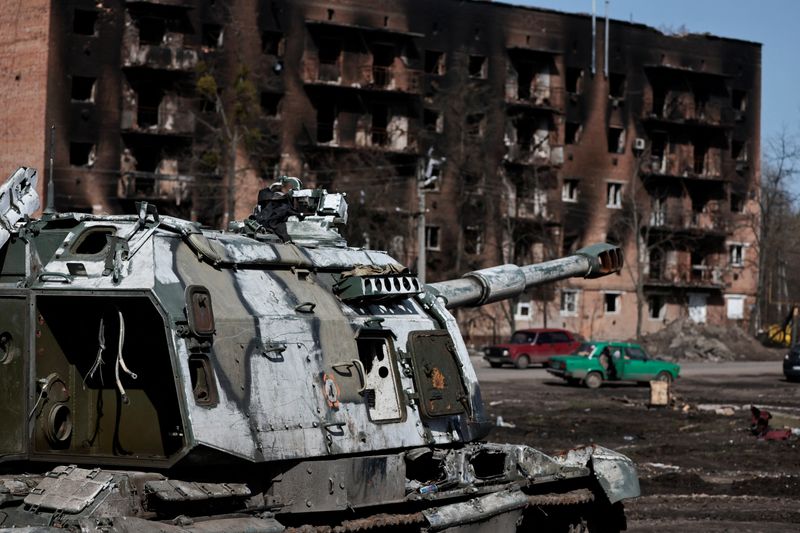 A damaged Russian artillery tank is seen, amid Russia’s invasion