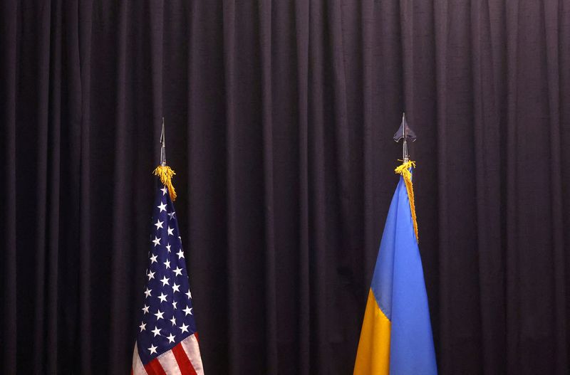 FILE PHOTO: U.S. and Ukrainian flags are pictured prior to