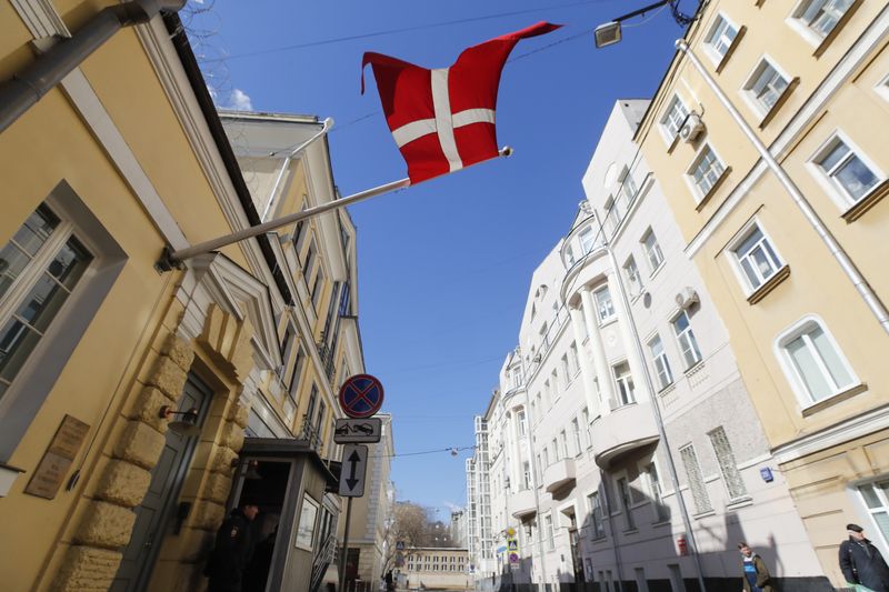 A flag of Denmark flies outside the country’s embassy in