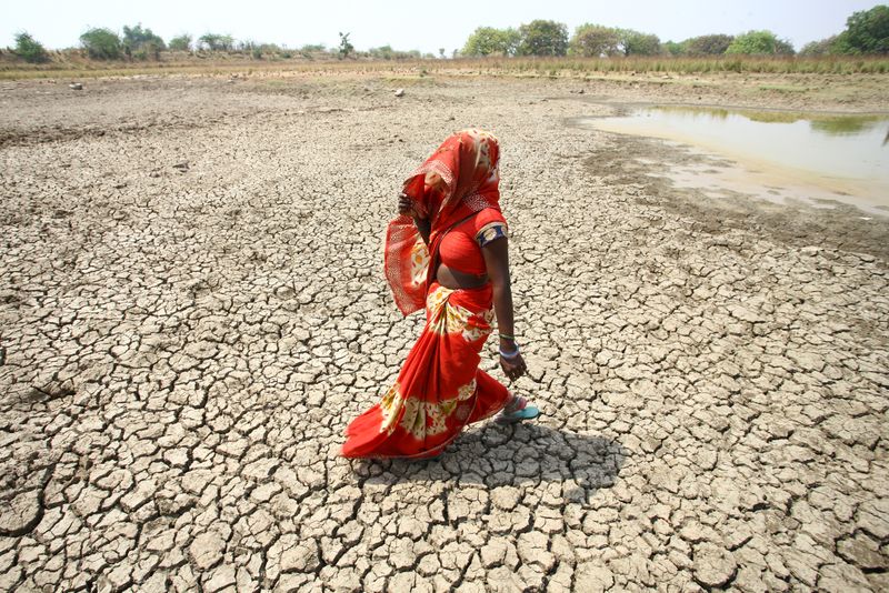A woman walks on the bottom of a dried pond