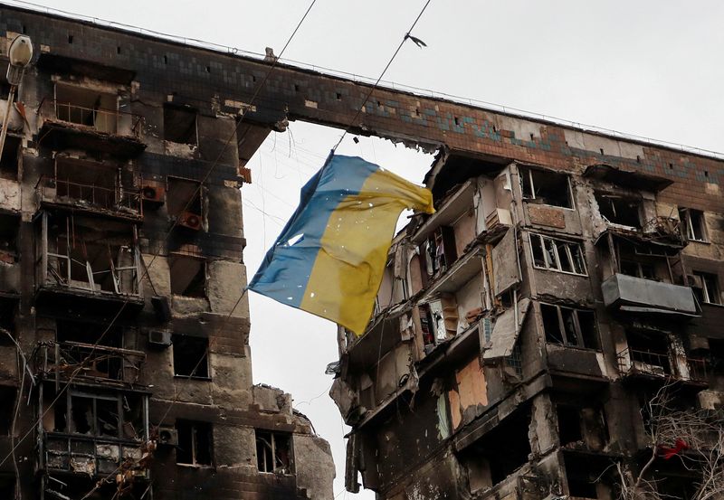 FILE PHOTO: A view shows a Ukrainian flag near a