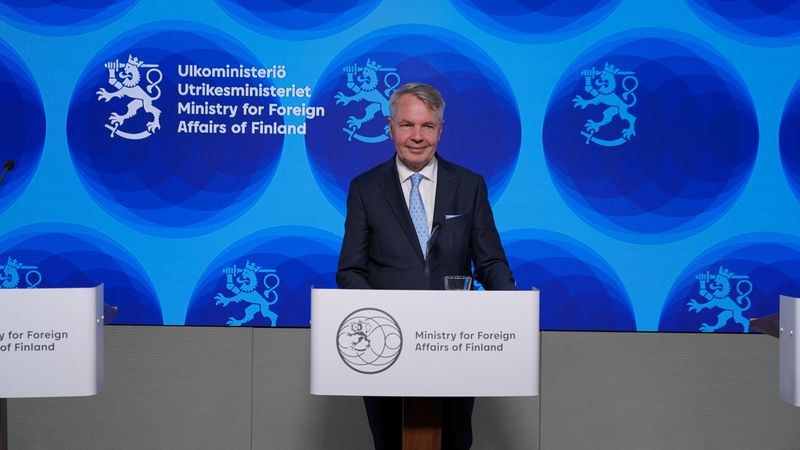 Finnish Foreign Minister Pekka Haavisto attends a news conference in
