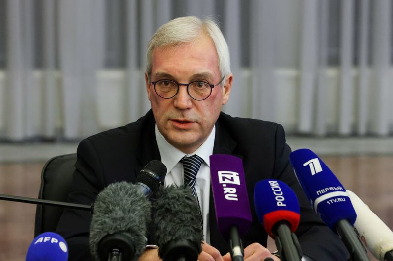 Russia’s Deputy Foreign Minister Alexander Grushko holds a news conference