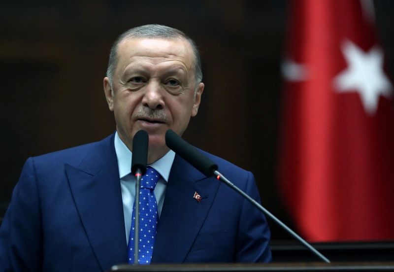 Turkish President Erdogan addresses members of AKP during a meeting