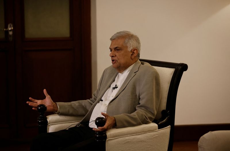 Sri Lanka’s Prime Minister Ranil Wickremesinghe attends an interview with