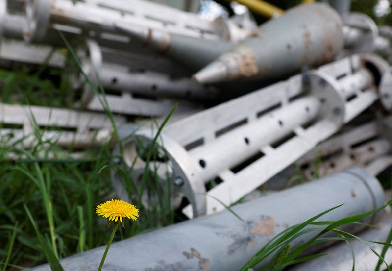 A flower is pictured next to ammunition casings collected at