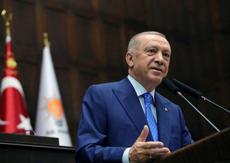 FILE PHOTO: Turkish President Erdogan addresses members of AKP during