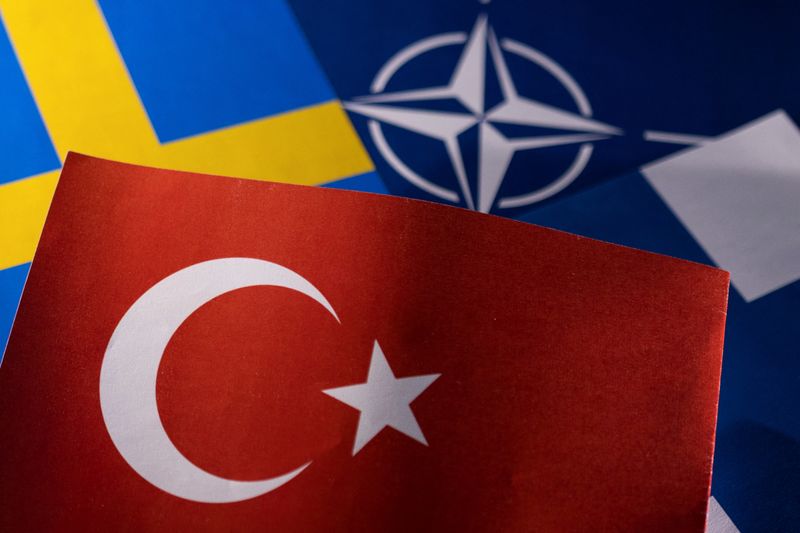 FILE PHOTO: Illustration shows NATO, Turkish, Swedish and Finnish flags