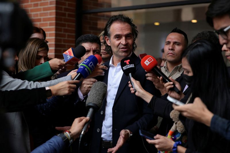 Colombian presidential candidate Federico Gutierrez speaks to the media in