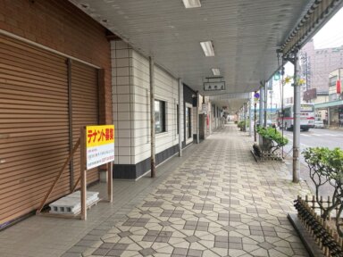 A view shows a street with shuttered stores in Kashiwazaki