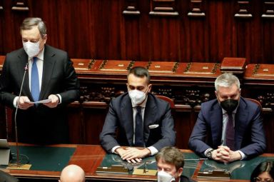 FILE PHOTO: Ukrainian President Zelenskiy addresses Italian parliament via videolink,